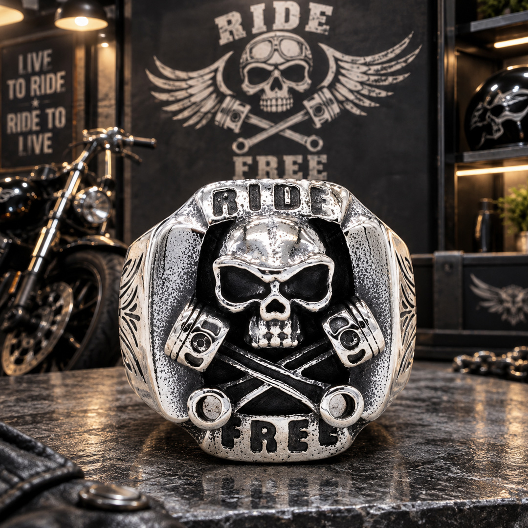 Gothic Ride Free Skull Piston Stainless Steel Ring | Heavy Metal Biker Band | Secure Checkout | Tracked Shipping | 7-Day Easy Returns - Image 2