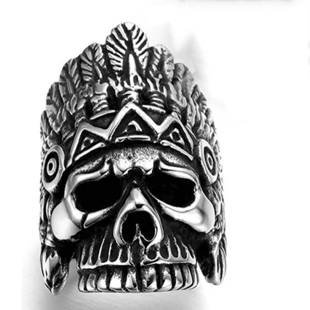Gothic Native American Chief Skull Stainless Steel Ring | Heavy Metal Biker Band | Secure Checkout | Tracked Shipping | 7-Day Easy Returns - Image 2